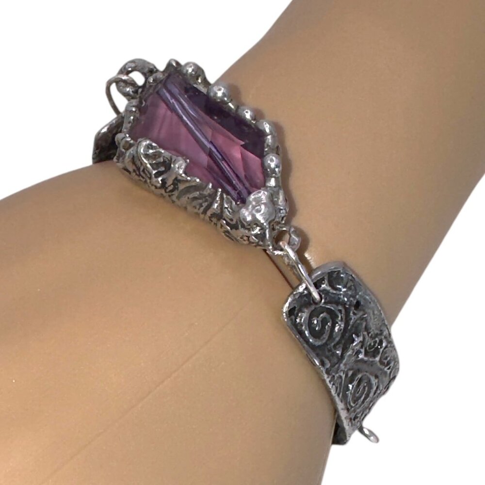 Amethyst Bracelet - Chunky Crystal Intricate Silver Links Adjustable 8" - Picture 10 of 17